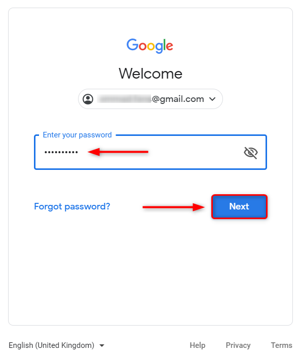 Google login page