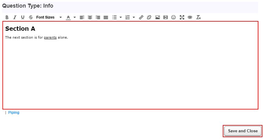 Survey information box settings