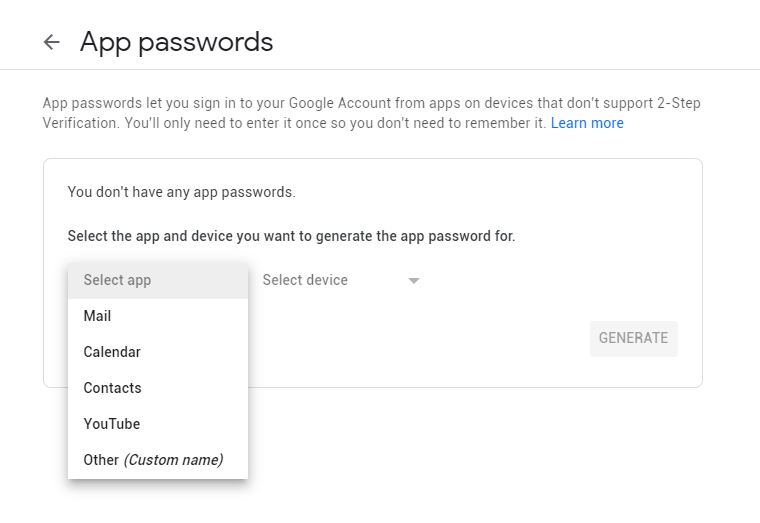 Generate google App password