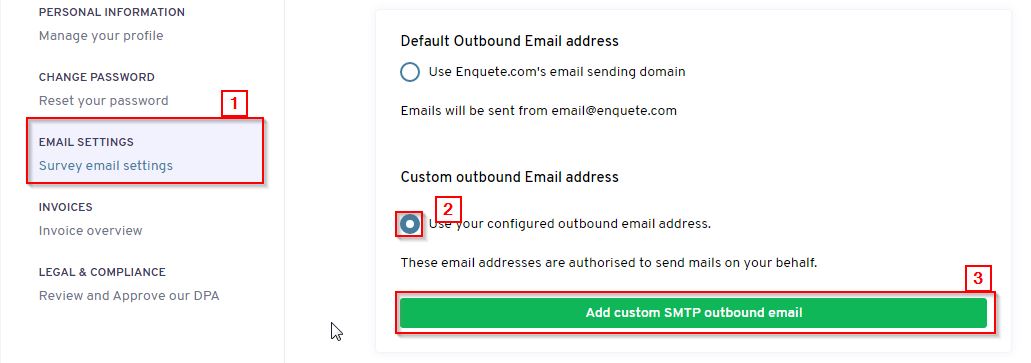 setup smtp account for enquete